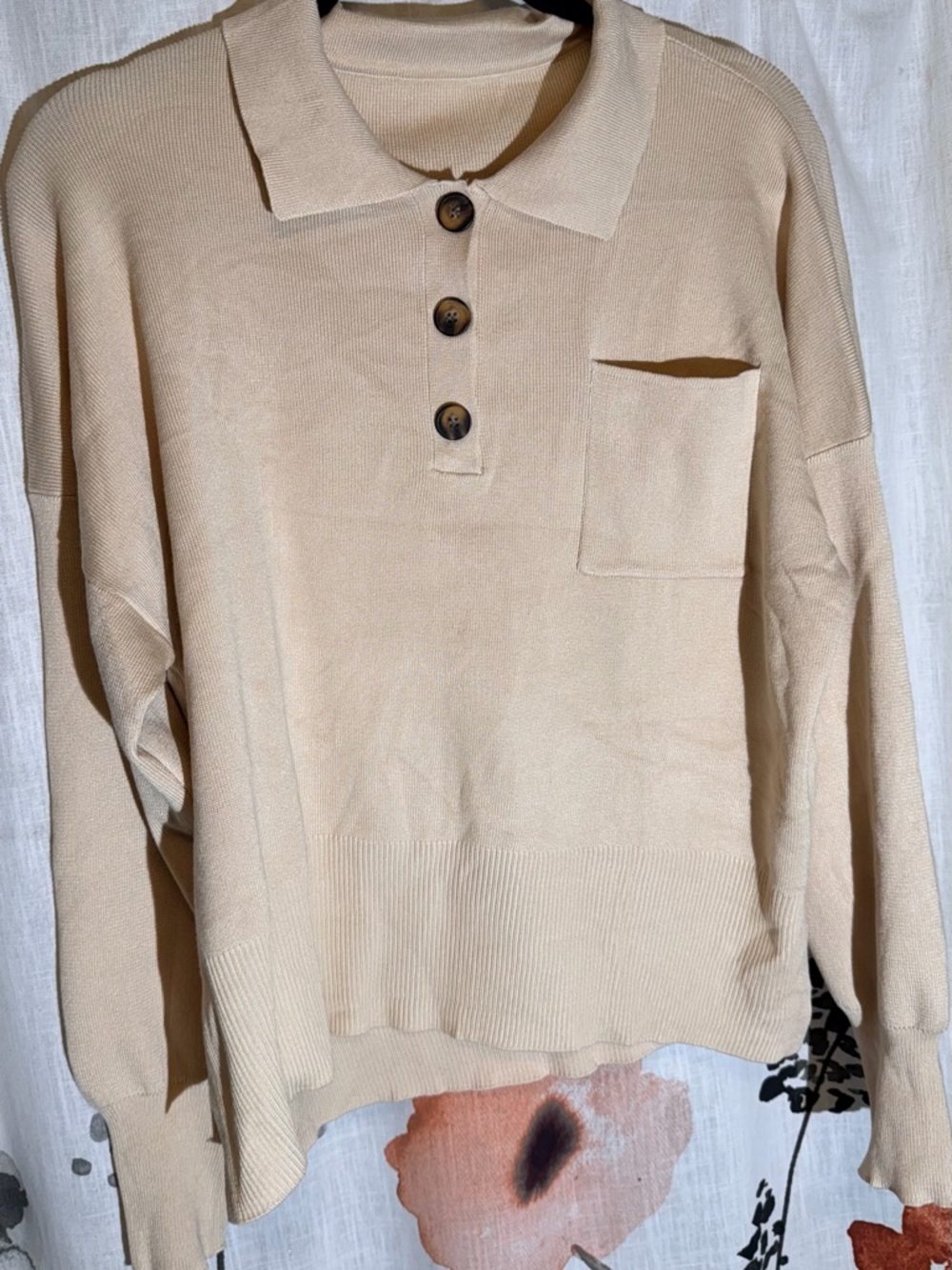 Light Beige Knit Top with Small Chest Pocket - Picture 2 of 10